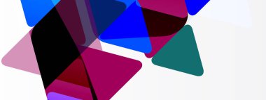 Soyut geometrik şekiller çakışıyor. Renkler arasında mavi, mor, siyah, deniz mavisi var. Minimalist tasarım, modern estetik. Basit kompozisyon.