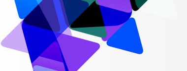 Soyut geometrik şekiller örtüşüyor, canlı mavi ve mor renkler yaratıyor. Minimalist tasarım, temiz arkaplan, modern estetik.