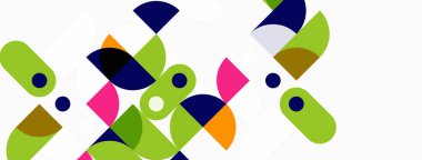 Soyut geometrik şekiller örtüşür, canlı renkli desenler yaratır. Çemberler, kareler, yuvarlak dikdörtgenler baskın bileşim. Minimalist tasarım.