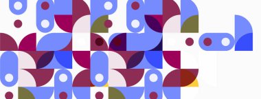 Soyut geometrik desen. Şekiller örtüşüyor, renkli mozaik etki yaratıyor. Maviler, morlar, yeşiller baskın bileşim.