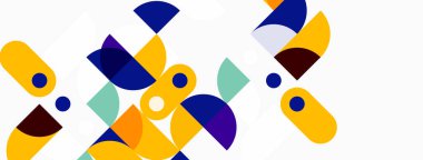 Soyut geometrik şekiller örtüşür ve canlı bir bileşim yaratır. Sarılar, maviler, yeşiller nötr arka plana hakim. Modern tasarım elemanları.