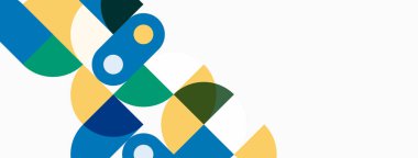 Soyut geometrik şekiller örtüşür, canlı renk blokları oluşturur. Sarı, mavi, yeşil beyaz arka plana hakim. Modern tasarım.