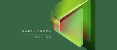 Soyut geometrik şekiller örtüşür, katmanlı etki yaratır. Yeşil renkler tasarıma hakim, derinliği ve modernliği gösteriyor. Minimalist stil.