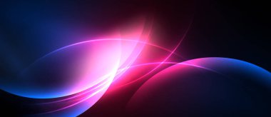 Soyut tasarım dalgalı eğriler, canlı maviler, pembeler, gradyanlar içerir. Karanlık arkaplan aydınlığı vurgular, dinamik görsel efekt yaratır.