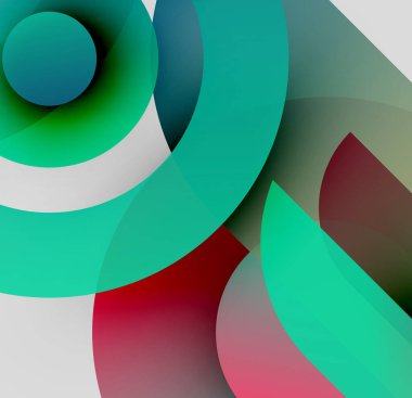 Soyut kompozisyon. Üst üste binen daireler, gradyanlar, gök mavisi, kırmızı, beyaz dinamik görsel efekt yaratır. Modern tasarım elemanları.