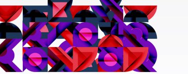 Soyut geometrik bileşim. Şekiller örtüşüyor, dinamik görsel doku oluşturuyor. Kırmızı, mor, donanma baskın tasarım. Modern estetik.