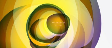 Soyut tasarım katmanlı daireler, canlı renkler içerir. Sarılar, portakallar, yeşiller dinamik görsel efekt yaratır. Modern arkaplan ögesi.