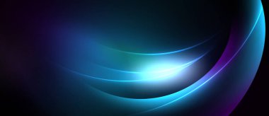 Soyut arkaplan kıvrımları, canlı maviler, morlar, parlak ışık kaynakları. Yumuşak gradyanlar dinamik görsel efekt yaratır.