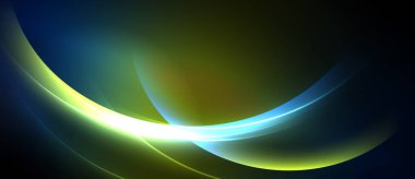 Soyut tasarım dalgalı kıvrımlar, canlı renkler içerir. Işık çizgileri karanlık arkaplana karşı dinamik görsel etki yaratır.