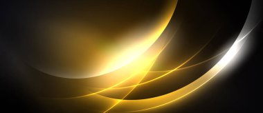 Siyah arkaplan boyunca soyut altın çizgiler eğrisi. Parlak ışık merkezi bölgeden yayılır, dinamik görsel efekt yaratır.