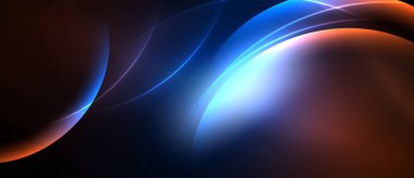 Soyut akışkan şekiller, canlı renkler, koyu arkaplan. Işık merkezi noktadan yayılarak dinamik bileşim oluşturur.