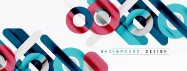 Soyut geometrik desen. Üst üste binen çizgiler, daireler modern tasarım yaratır. Renkler arasında mavi, kırmızı, mavi, gri var. Minimalist stil.