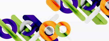 Soyut geometrik şekiller örtüşür, canlı renkli desenler yaratır. Modern tasarım yuvarlak dikdörtgenler, çizgiler, gölgeler kullanır.