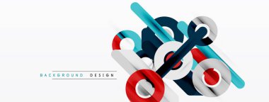 Soyut geometrik şekiller örtüşür, dinamik bileşim yaratır. Kırmızı, mavi, gri tonlar beyaz arkaplana hükmediyor. Modern tasarım ögesi.