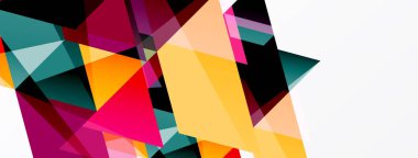 Soyut geometrik şekiller örtüşür, canlı renkli kompozisyon oluşturur. Modern tasarım keskin açılar, dinamik düzenleme içerir.