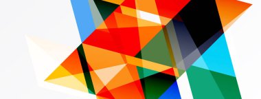 Soyut geometrik bileşim. Üst üste binen üçgenler, dikdörtgenler dinamik renkli desenler oluşturur. Modern tasarım, canlı renkler egemen..