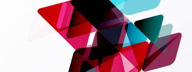 Soyut geometrik şekiller örtüşür, canlı renk karışımları yaratır. Pembe, kırmızı, deniz mavisi baskın bileşim. Minimalist tasarım, modern estetik.