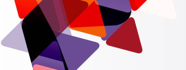 Soyut geometrik şekiller örtüşür, canlı renk blokları oluşturur. Kırmızı, mor, turuncu beyaz arka plana hakim. Modern tasarım ögesi.