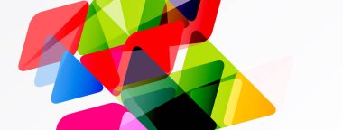 Soyut kompozisyon. Renkli üçgenler çakışıyor, dinamik görsel etki yaratıyor. Beyaz arka planda parlak renklerin karşıtlığı. Modern tasarım.