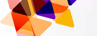 Soyut geometrik şekiller örtüşür, canlı renk karışımları yaratır. Turuncu, mor, kahverengi tonlar kompozisyona hakim. Minimalist tasarım.