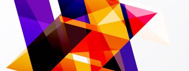 Soyut geometrik şekiller örtüşür, canlı renk blokları oluşturur. Kompozisyonda üçgenler, kırmızılar, portakallar, morlar, beyazlar var. Modern tasarım.