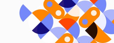 Soyut geometrik şekiller örtüşür ve canlı bir bileşim yaratır. Turuncu, mavi, mor tarafsız arkaplan. Modern tasarım elemanları.