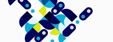 Soyut geometrik şekiller örtüşür, dinamik bileşim yaratır. Mavi, sarı renkler beyaz arkaplana hükmediyor. Modern tasarım elemanları.