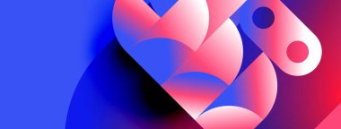 Soyut şekiller canlı mavileri, pembeleri, kırmızıları harmanlıyor. Yumuşak eğimler dinamik bileşimler yaratır, modern estetik. Minimalist tasarım akıcılığı çağrıştırıyor.