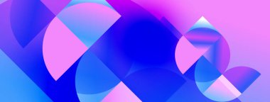 Üst üste binen daireler, canlı maviler, pembeler, gradyanlar içeren soyut kompozisyon. Modern tasarım, pürüzsüz geçişler dinamik görsel efekt yaratır.