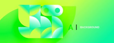 Soyut geometrik şekiller, canlı yeşil renkler, modern tasarım. Gradyan renkler dinamik görsel efekt yaratır. Dijital projeler için uygun arkaplan.