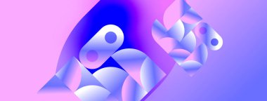 Soyut şekiller mor, mavi renkleri harmanlıyor. Gradyan arka plan dinamik görsel efekt yaratır. Modern tasarım, pürüzsüz geçişler mevcut.