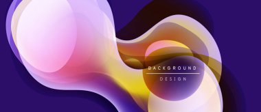 Soyut sıvı şekiller, canlı renklerin karışımı. Mor arka plan turuncu, pembe, sarı renkler. Modern tasarım ögesi.