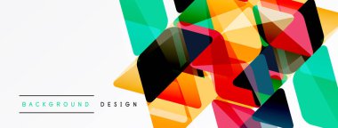 Soyut geometrik şekiller örtüşür, canlı renkli tasarım yaratır. Beyaz alan temiz karşıtlık ve modern estetik sağlar.