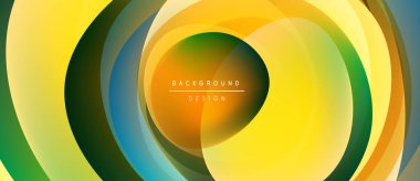 Soyut renkli katmanlar dinamik dairesel desen oluşturur. Parlak sarılar, yeşiller, portakallar kusursuz bir şekilde harmanlanır. Modern tasarım ögesi.