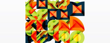 Soyut geometrik bileşim. Üst üste binen şekiller dinamik görsel doku yaratır. Turuncu, yeşil, donanma baskın palet. Modern tasarım.