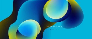 Soyut sıvı şekilleri örtüşür, parlak mavi ve sarı renkler yaratır. Arkaplanda metin arkaplan tasarımı var. Modern, dinamik kompozisyon.
