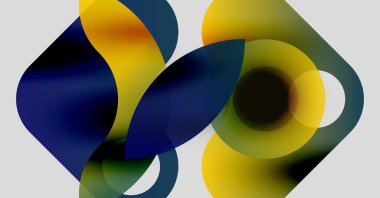 Üst üste binen renkli şekiller içeren soyut bir kompozisyon. Sıvı formlar sarı, mavi ve yeşil renkleri harmanlıyor. Modern tasarım, dinamik görsel etki.