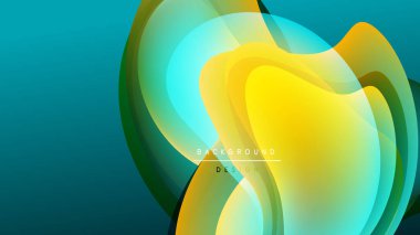 Soyut sıvı şekiller, canlı renklerin karışımı. Modern tasarım, pürüzsüz eğimler dinamik kompozisyon yaratır. Arkaplanda deniz mavisi, sarı renkler.