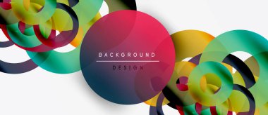 Soyut renkli daireler beyaz uzayla örtüşüyor. Modern tasarım elementleri dinamik görsel doku oluşturur. Gradyan renkler pürüzsüz harmanlanır.