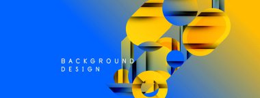 Soyut geometrik şekiller örtüşür, parlak mavi ve sarı renkler yaratır. Modern tasarım elementleri dinamik bileşim, görsel ilgi.