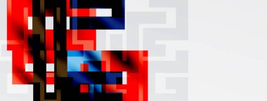 Soyut geometrik şekiller, canlı kırmızılar, maviler baskın gelir. Karmaşık desenler, beyaz uzay karşıtlık yaratır. Modern dijital sanat izlenimi.