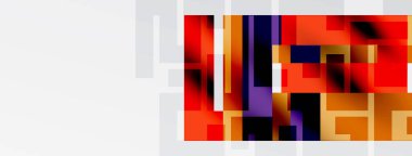 Soyut geometrik bileşim. Dikdörtgenler üst üste binerek canlı renk blokları oluşturuyor. Sıcak tonlar baskın, serin mor renklerin aksine. Minimalist tasarım.