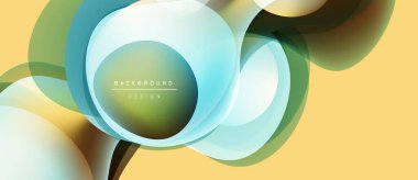 Soyut tasarım özellikleri üst üste binen daireler, gradyanlar. Yumuşak sarı arkaplan, deniz mavisi, zeytin rengi. Modern, akışkan estetik.