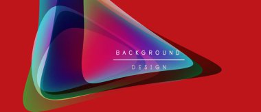 Soyut geometrik şekiller örtüşüyor, canlı renk eğimleri yaratıyor. Kırmızı arkaplan dinamik tasarım elementlerini vurgular. Metin arkaplan tasarımı okur.