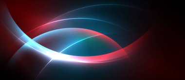 Soyut tasarım canlı kıvrımlar ve parlak çizgiler içerir. Kırmızı, deniz mavisi, beyaz karışımı koyu arkaplan. Dinamik, modern estetik.