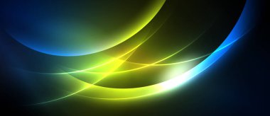 Soyut akış çizgileri, canlı maviler, yeşiller, koyu arka planda sarılar. Dinamik enerji, pürüzsüz eğimler parlak bir etki yaratır.