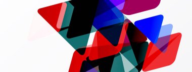 Soyut geometrik şekiller örtüşür, canlı renk karışımları yaratır. Kırmızı, mavi, deniz mavisi beyaz arka plana hakim. Modern tasarım elemanları.