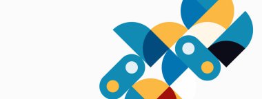 Soyut geometrik şekiller örtüşür, dinamik bileşim yaratır. Mavi, sarı, gri tonlar beyaz arkaplana hükmediyor. Modern tasarım ögesi.