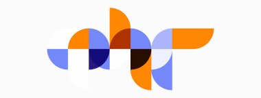 Soyut geometrik şekiller örtüşür ve canlı bir bileşim yaratır. Turuncu, mavi, kahverengi renkler tasarımda baskın. Minimalist estetik.