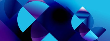 Soyut bileşim, üst üste binen dairesel şekiller içerir. Mavi, mor renkler dinamik görsel efekt yaratır. Modern tasarım.